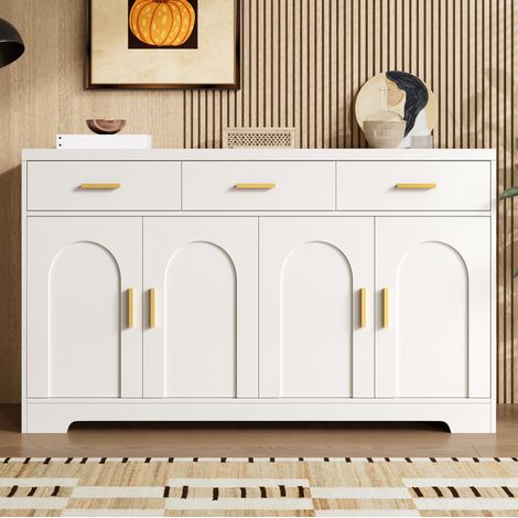Aparador (140x40x83 cm), 4 puertas con relieve en arco, 3 cajones, estantes regulables, MDF, blanco (1/5)