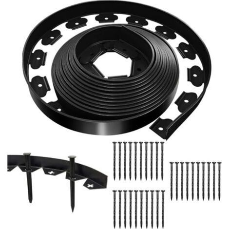 Bordure de pelouse flexible noire 10 m x 5 cm avec 30 clous de fixation, bordure de jardin extérieure en plastique, bordure de jardin en rouleau (1/4)