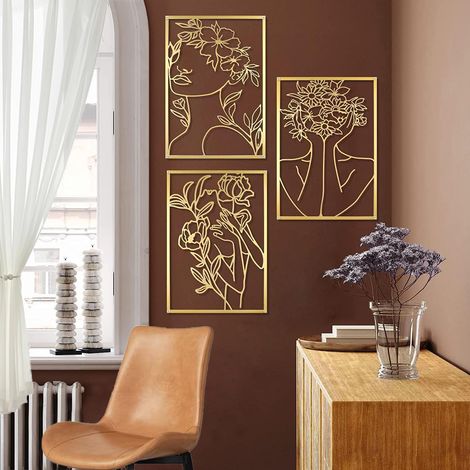 Décoration Murale en Métal Doré 3 Pièces Sculpture Murale Femme Art Mural abstrait Art Mural en Métal Minimaliste pour la Décoration de Maison, Bureau, Salon et Hôtel (40 28CM) (1/5)