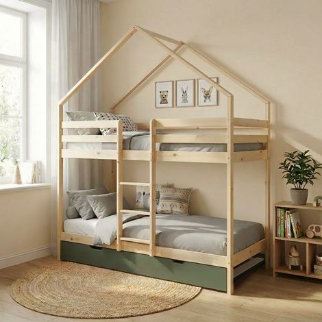 sweeek - Lit enfant superposé cabane 90 x 190 cm pin naturel avec sommier et tiroir vert - Roya (1/5)