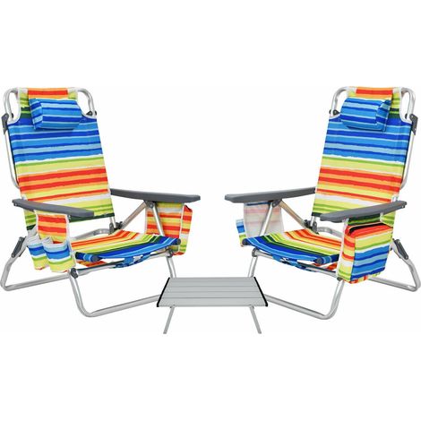 Ensemble jaune de 2 fauteuils de plage pliants avec table en aluminium, 5 positions et porte-gobelets pour camping et pêche (1/5)