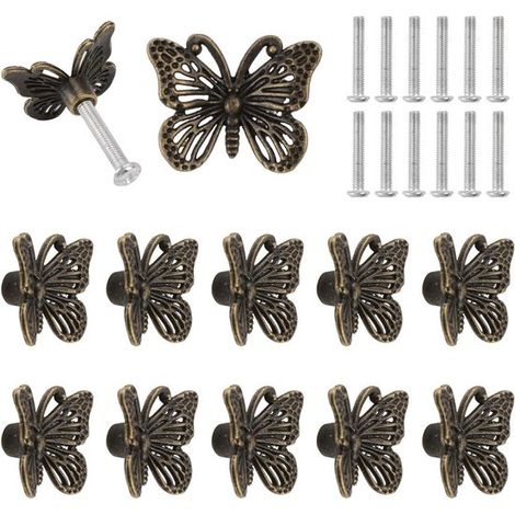 Allecto Premium - Lot de 12 poignées de porte de placard papillon vintage - Poignées de tiroir en bronze antique - Poignées de commode papillon - Pour placards et tiroirs (1/5)