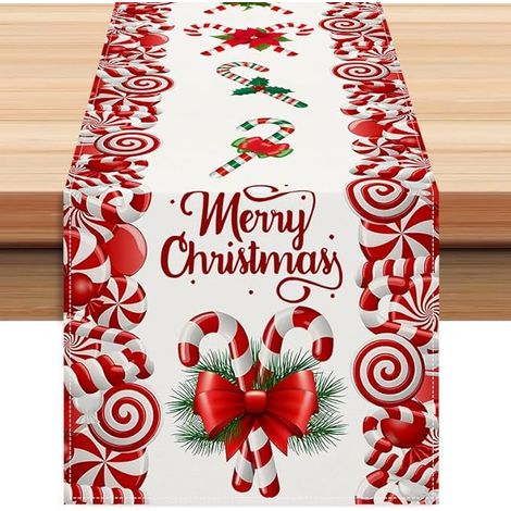 Chemin de table de Noël en lin rouge et blanc avec canne en bonbon, 183 cm de long, hiver, Noël, fêtes, style campagnard, rouge (1/5)