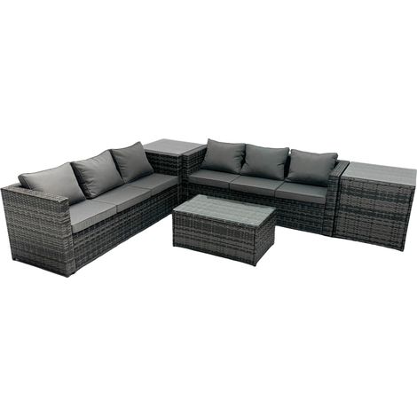 Fimous Rattan Garden Furniture Dining Set 6-seater Patio Coffee Table Sofa Set with 2 Side Tables Dark Grey Mixed (1/5)