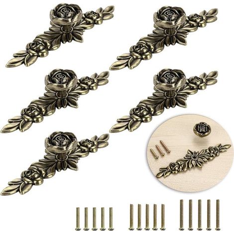 5 tiradores de puerta con forma de hoja, pomos retro para puertas de armarios, ideales para decorar cajones, cómodas, armarios, muebles, etc. (bronce, 14,5 cm) (1/5)