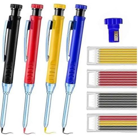 Lot de plusieurs crayons de charpentier solides avec mine de 2,8 mm et taille-crayon intégré - Fournitures de bureau pour le travail du bois (1/4)