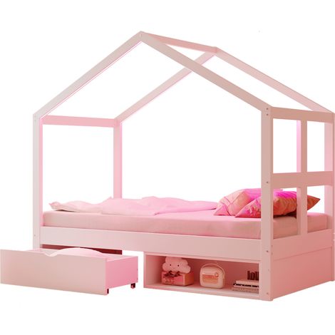 Letto singolo 90x190 cm a casetta con cassetto, scarpiera e LED multicolore, bianco (1/5)