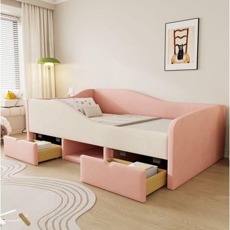 Lit simple 90x190 avec tiroirs et barrières rose HAVRYA (1/5)