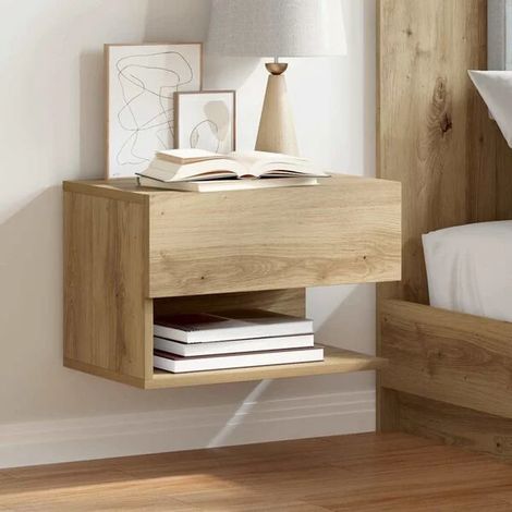 Table de Chevet Murale en Chêne Massif, Meuble de Rangement Suspendu avec Tiroir, Design Artisanal pour Chambre à Coucher (1/5)
