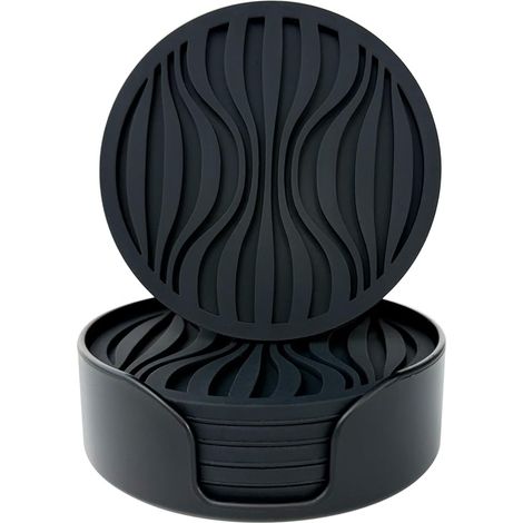 Set de 6 sous - verres en silicone épais (0,5 cm) - sous - verres ronds pour boissons, café, bière, motif antidérapant (noir) (1/5)