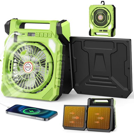 Ventilateur de Camping,Ventilateur Solaire con Batterie 20000mAh Rechargeable,2 Panneaux Solaires,Lumière LED,Lampe torche,Secouant la tête,Affichage Numérique,Minuterie pour Pêche Randonnée Voyage (1/5)