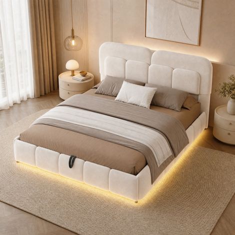 Lit coffre 140 x 200 cm avec LED, tête de lit capitonnée, velours beige, 200 kg OKMYHOME (1/5)