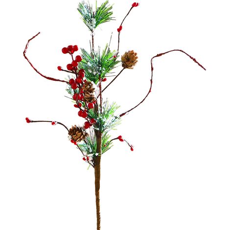 Lot de 3 branches de pin artificielles enneigées de 45 cm, avec aiguilles et pommes de pin rouges, pour décorer un vase à Noël. (1/5)