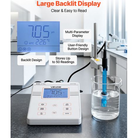 pH Mètre de Table 0-14 pH, Kit de Test Laboratoire, Écran Rétroéclairé, Solutions d'Étalonnage, Adaptateur Secteur, Capacité de Sto… (1/5)