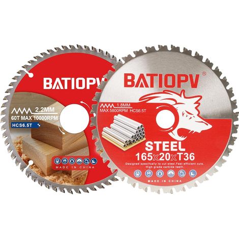 Lot de 2 lames de scie circulaire 165 x 20 mm, 1 lame de scie à bois (60T) pour bois, panneaux d'aggloméré et contreplaqué + 1 lame de scie à métaux (36T) pour acier et aluminium, compatible (1/5)