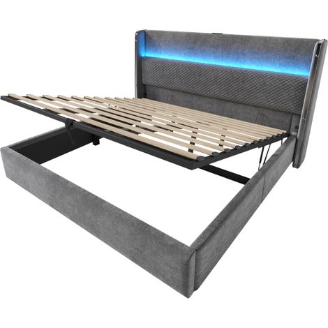 Lit coffre hydraulique gris 180x200 cm avec tête de lit haute LED USB Type-C (1/5)