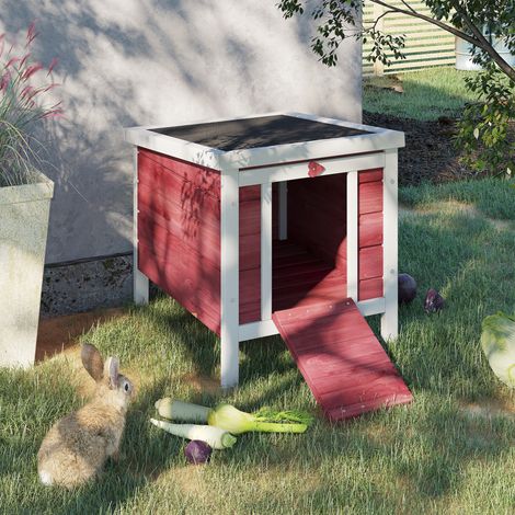 Clapier à lapin cage à lapin avec rampes/porte. toit ouvrant et étanche - en bois de sapin 51 x 42 x 43 cm rouge blanc