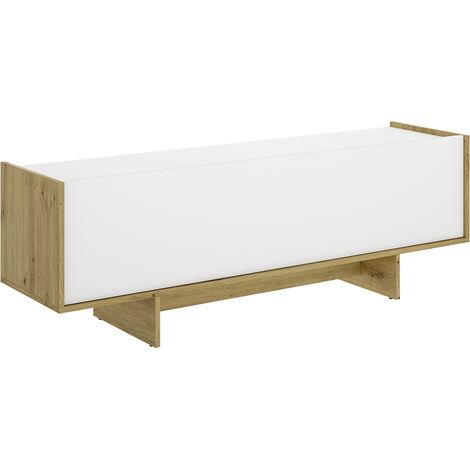 Meuble TV bas avec 1 porte abattante, coloris chêne sonoma/blanc - Hauteur 49,6 x Longueur 150 x Profondeur 30 cm (1/4)