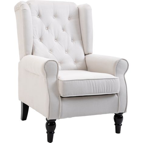Fauteuil lounge avec appui-tête et pieds en bois, capacité de charge de 160 kg, pour chambre, bureau, salon, couleur crème (1/5)