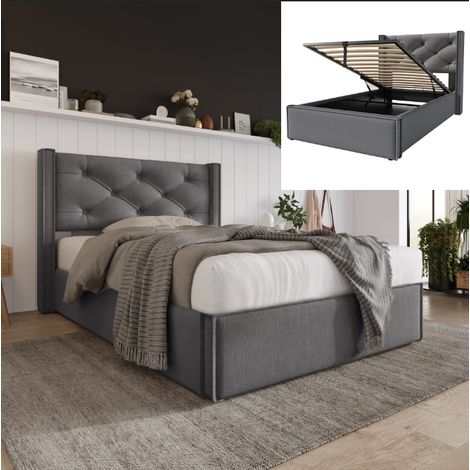 Lit coffre 90x200cm, lit 1 places Style Chesterfield, Hydraulique, Sommier à lattes, Bois massif + coton + métal Gris (1/5)