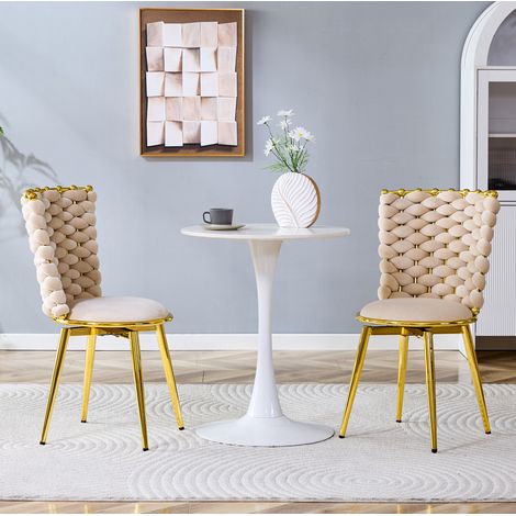 Lote de 2 sillas de comedor de terciopelo beige, respaldo trenzado, patas metálicas doradas (1/5)