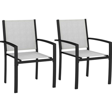 Set aus 2 stapelbaren hellgrauen Gartenstühlen mit Armlehnen, robustem Stahlrahmen 60x65x85 cm, ideal für Terrasse und Balkon.