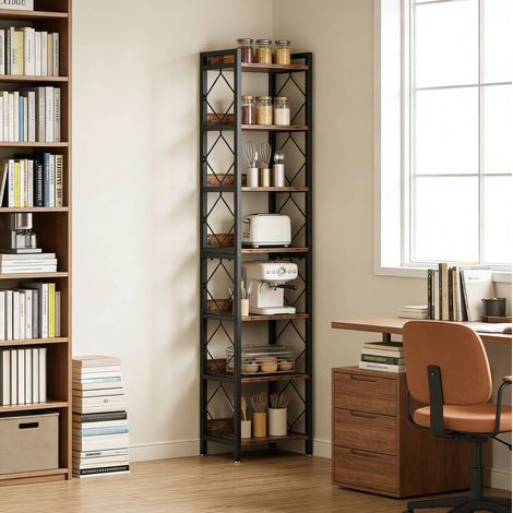 Meuble de rangement étagère étroite 7 niveaux 34 x 34 x 200 cm noir et marron rustique HAVRYA (1/5)