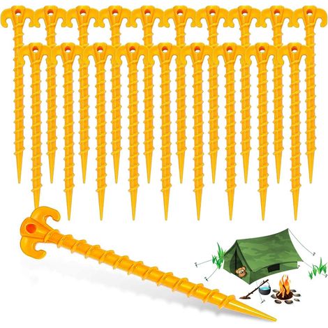 20 Pcs Piquets de Tente en Plastique, de 20 cm Sardines Plastique avec Crochet Clous de Fixation Sol Dur pour Auvents de Camping(Jaune)