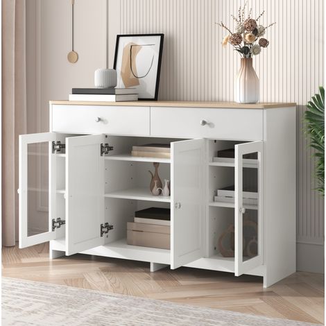 Buffet 120 cm mit 2 Schubladen und 4 Türen, verstellbare Regalböden, weiß und Holz HAVRYA (1/5)