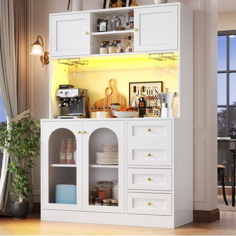 Buffet 120x40x188 cm blanc en MDF avec LED intégrée et rangements multiples (1/5)