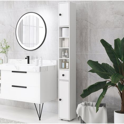 Armoire de salle de bain 20x20x180 cm blanche en bois avec tiroir, 4 étagères ouvertes et étagères réglables (1/5)