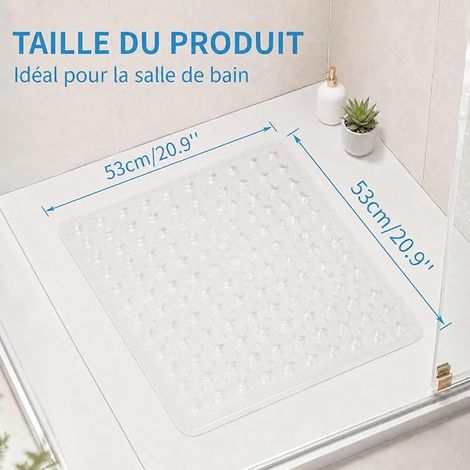 Tapis de Douche Anti Moisissure, 53 x 53 cm Tapis de Bain avec Ventouses et Trous d’Évacuation, Tapis de Douche Lavable en Machine pour Douche, Baignoire et Receveur, Transparent (1/4)