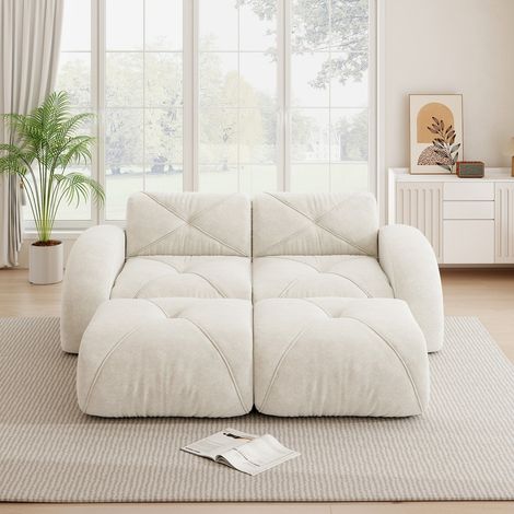 Canapé modulaire 2 places, 2 pouf, tissu Chenille doux, mousse 32D, Aucun assemblage requis, antidérapant, Animaux acceptés, Blanc (1/5)