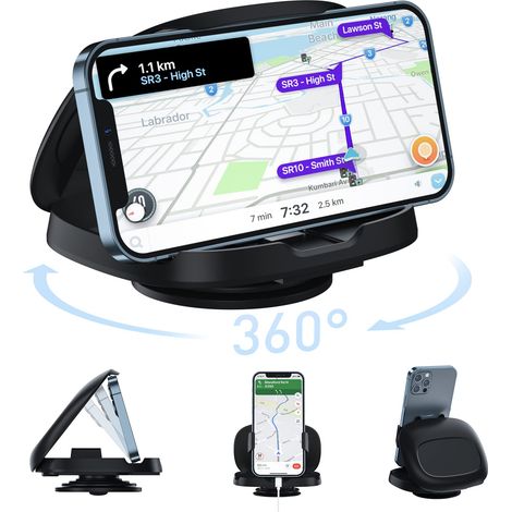 Support de téléphone de voiture rotatif à 360° pour tableau de bord, fixation pour véhicule avec vue horizontale et verticale, base adhésive lavable, support universel pour (1/5)