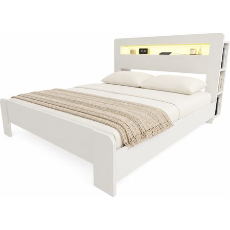 Cadre de lit en bois avec rangement dans la tête de lit, éclairage LED, prises intégrées, lit plateforme moderne blanc 180 x 200 cm (1/5)