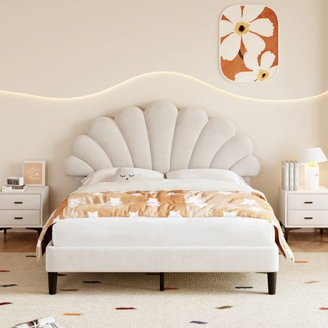 4ft6 Double Upholstered Velvet Bed Frame, with Adjustable Chic Petal Headboard, Velvet Platform Bed Frame with Solid Wood Slat, No Box Spring Needed, Easy Assembly, Beige