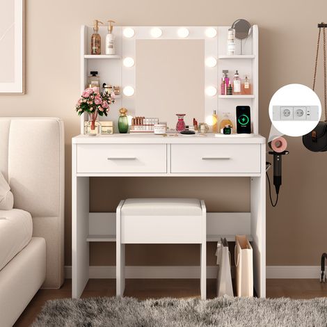 Coiffeuse avec Miroir LED et Tabouret, 10 Lumières LED avec Éclairage 3 Couleurs, Table de Maquillage Moderne avec Prises, USB, Type-C, 2 Tiroirs et 4 Étagères, Meuble de Beauté 80L x 40P x 136H cm, B (1/5)