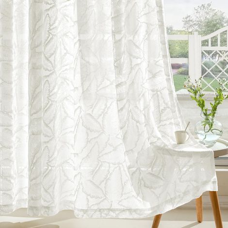 Lot de 2 Voile Fenêtre Feuille Trans Oeillets 140x220cm Blanc (1/5)