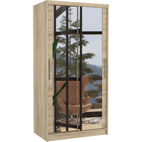 Petite armoire de chambre naturel 2 portes coulissantes avec miroir Niko 100cm (1/5)