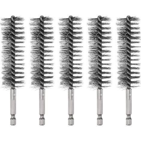 5 x Stainless Steel Cleaning Brush 25 mm Diameter with Handle and 1/4 Inch Hex Shank for Tubes, Ports, Bearings (1/5)