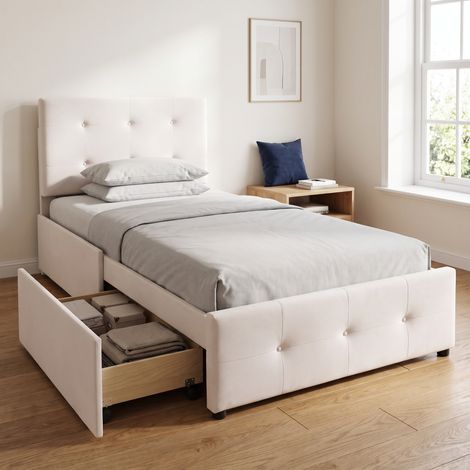 Lit avec 2 tiroirs 90x200 cm, Lit simple enfant, lit capitonné en velours avec sommier, bois, Blanc