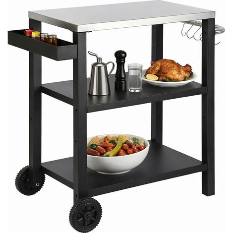 TolleTour Carro de barbacoa de exterior de 3 niveles, mesa de parrilla con superficie de acero inoxidable, carrito multifuncional con ruedas, negro (1/5)