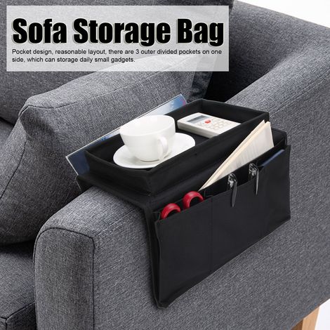 Sofa-Organizer mit 4 Fächern, Fernbedienungshalter und Becherablage – Schwarzes Oxford-Gewebe, 30 x 18 x 18 cm, für TV-Fernbedienungen (1/5)