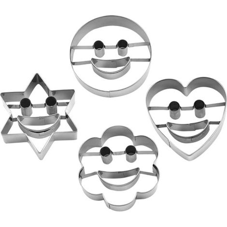 Set di 4 stampini per biscotti a forma di faccina sorridente, in acciaio inox 430, stampo multifunzionale per dolci, facile da usare per decorare torte e dessert, indispensabile (1/5)