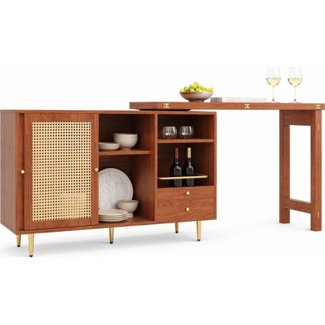 Table bar pivotante 360° extensible, meuble de rangement brun avec porte en résine tressée, niche ouverte et tiroirs, pour cuisine et salle à manger CHICFURN (1/5)