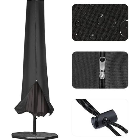 Housse de parasol 190x25x50 cm Capuchon pour Parasol de Jardin Ø 300 cm / 200x300 cm. imperméable et résistante aux déchirures tissu Oxford avec revêtement en PVC avec fermeture éclair. Noir (1/5)