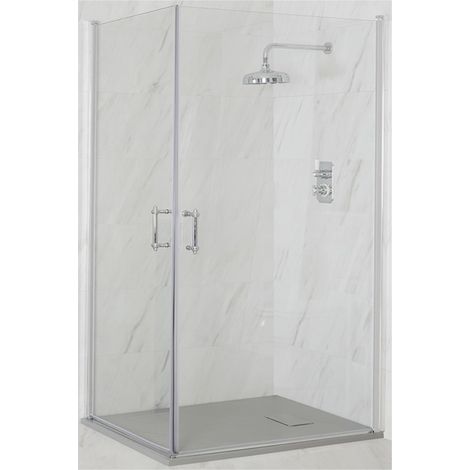 Milano Langley Chrome Corner Walk In Wet Room Double Hinged Door Shower Enclosure with Light Grey Slate Effect Tray and Fast Flow Waste - 900mm x 900mm (1/5)