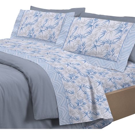 Completo letto set lenzuola 100% cotone di flanella linea jungla Matrimoniale - Azzurro
