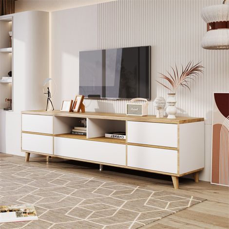 Fortuna Lai – Meuble TV moderne blanc et bois – 175 L x 37 P x 51 H cm – 4 tiroirs et 2 compartiments – Design élégant et fonctionnel (1/5)