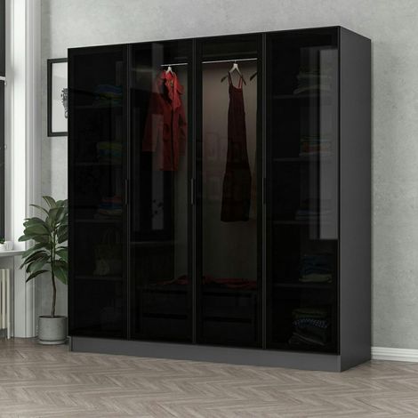 Armoire penderie grise 4 portes verre H 210 cm BYRON (1/5)